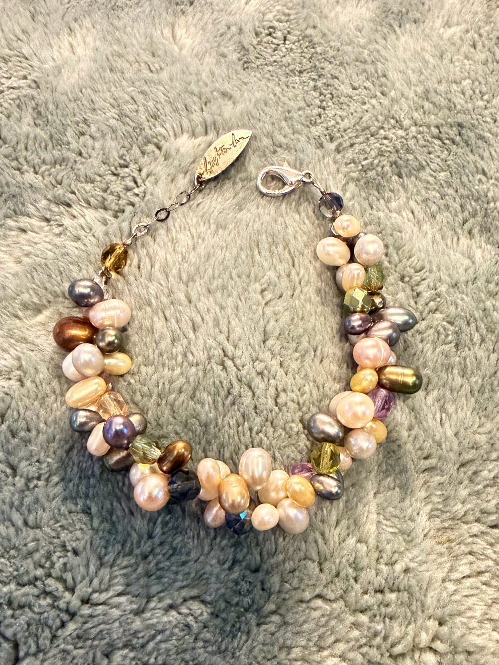 Vtg Leighton Lam Hawaii Multicolor Pearls & Faceted Glass Silver Bracelet 7in